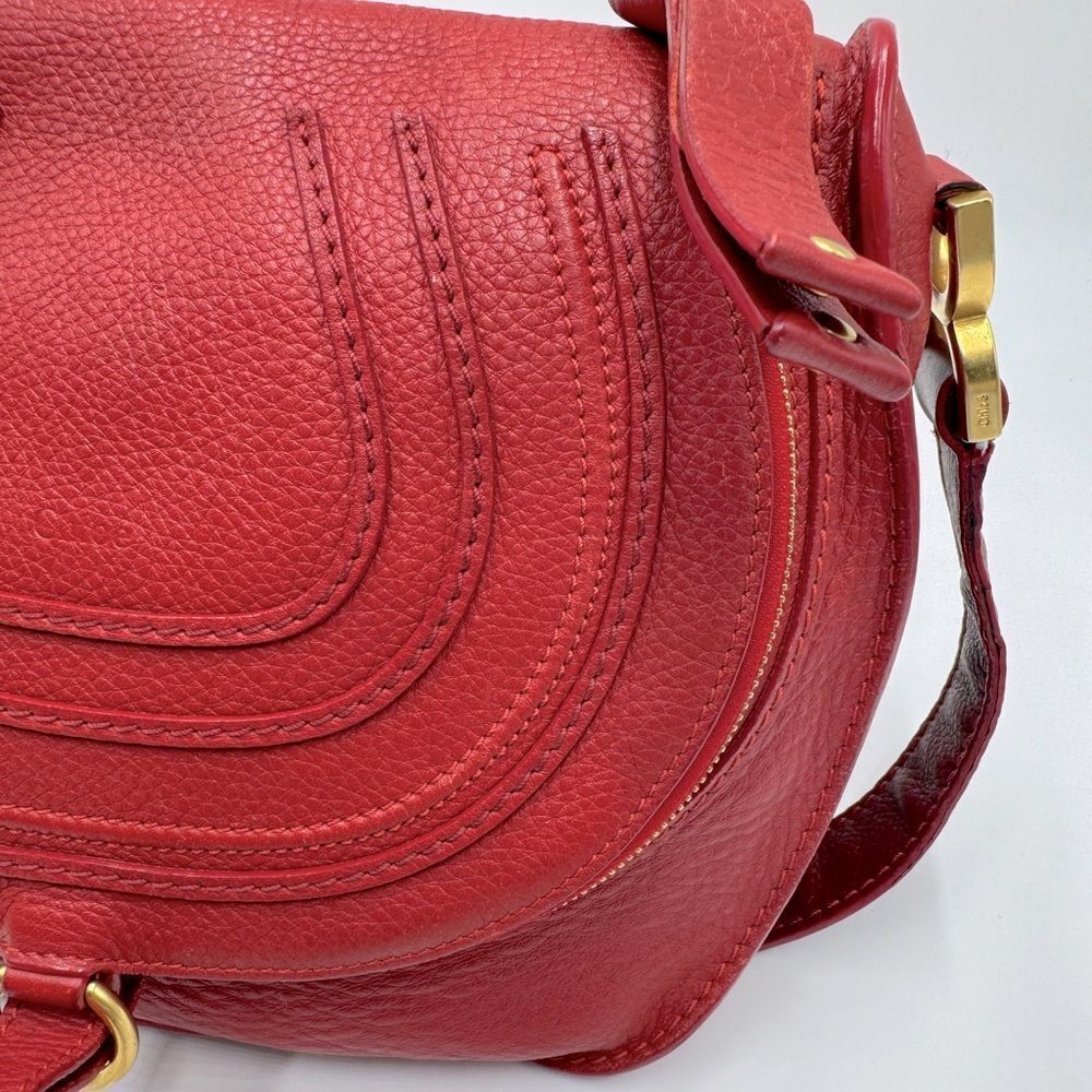Chloe Marcie Scarlet Red Leather with Burgundy Crossbody Saddle Bag Auth - Picture 11 of 16